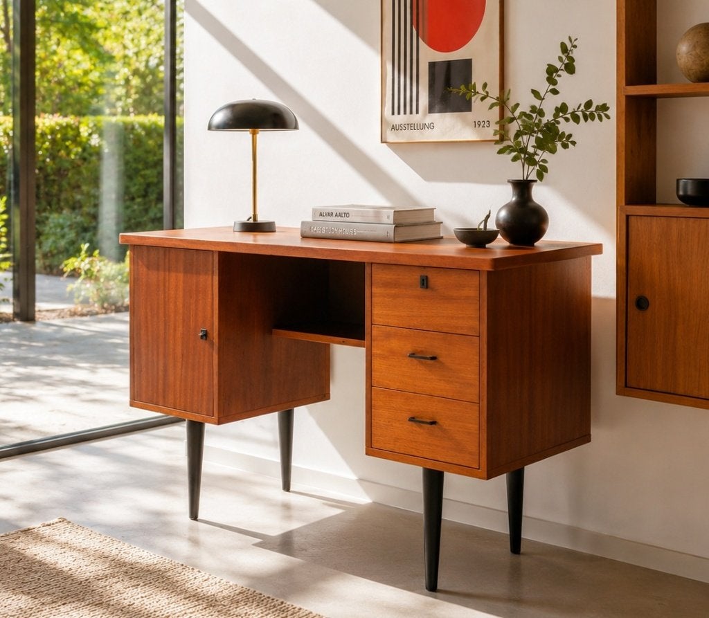 Prachtige vintage teakhouten bureau, Huis en Inrichting, Bureaus, Ophalen, Vintage, Zo goed als nieuw, Met lades
