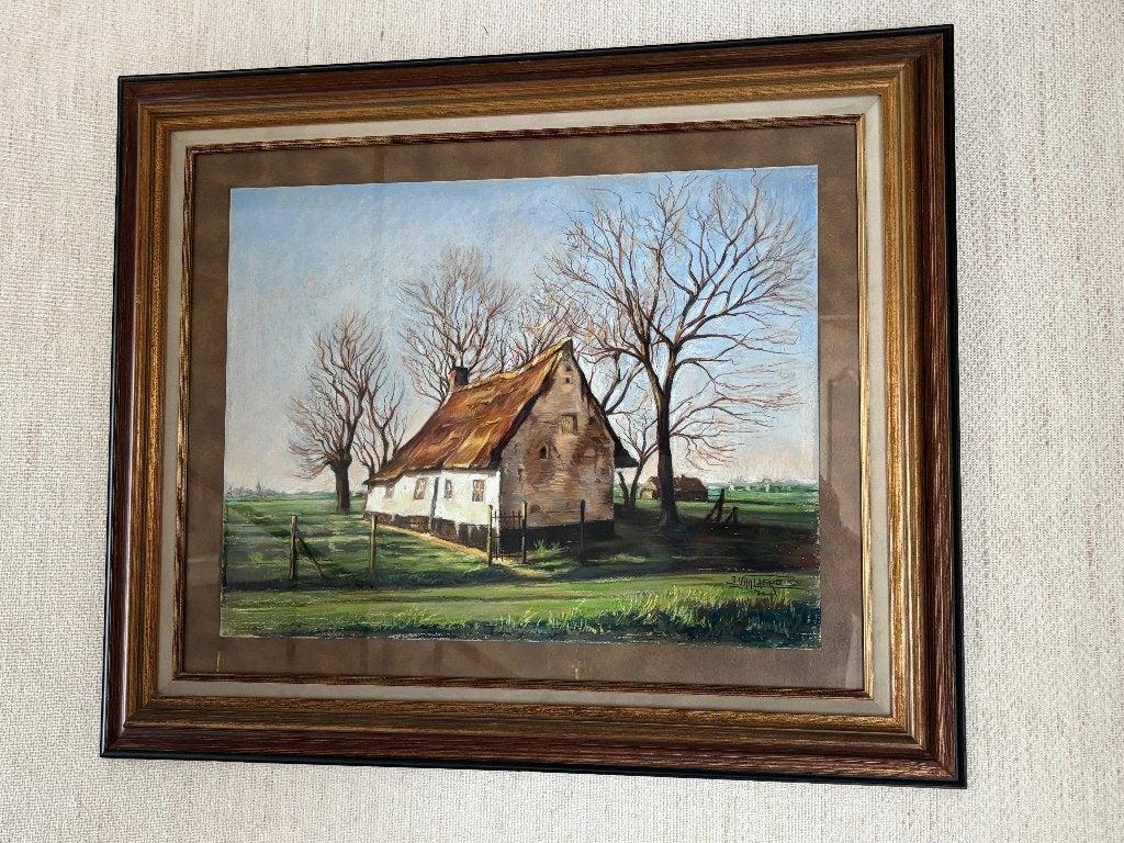 Schilderij Huis op de buiten, Antiquités & Art, Enlèvement, Réaliste, Sous verre, Paysage