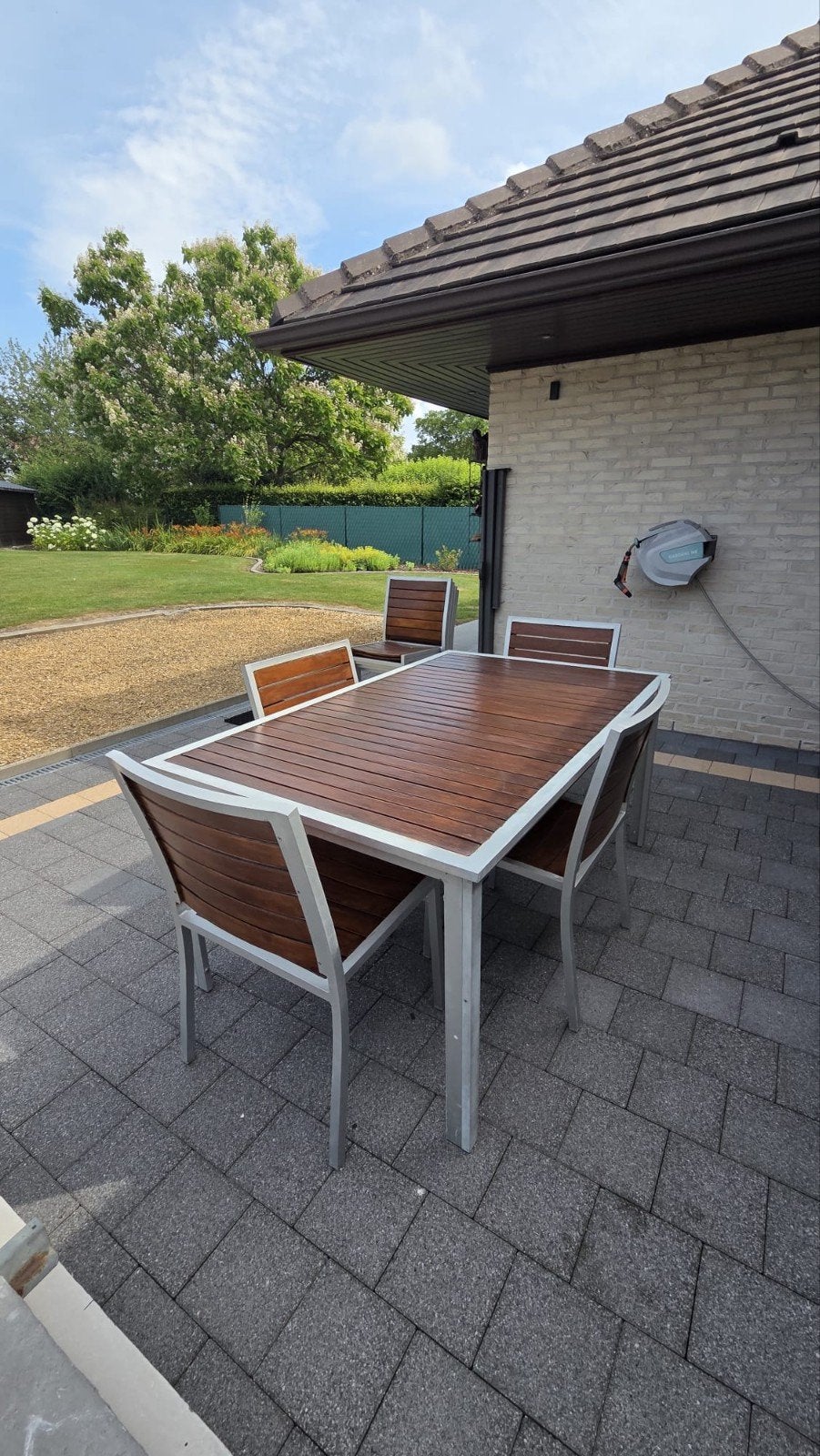 Aluminium  tafel met 8 stoelen, Ophalen, Gebruikt, Rechthoekig, Aluminium