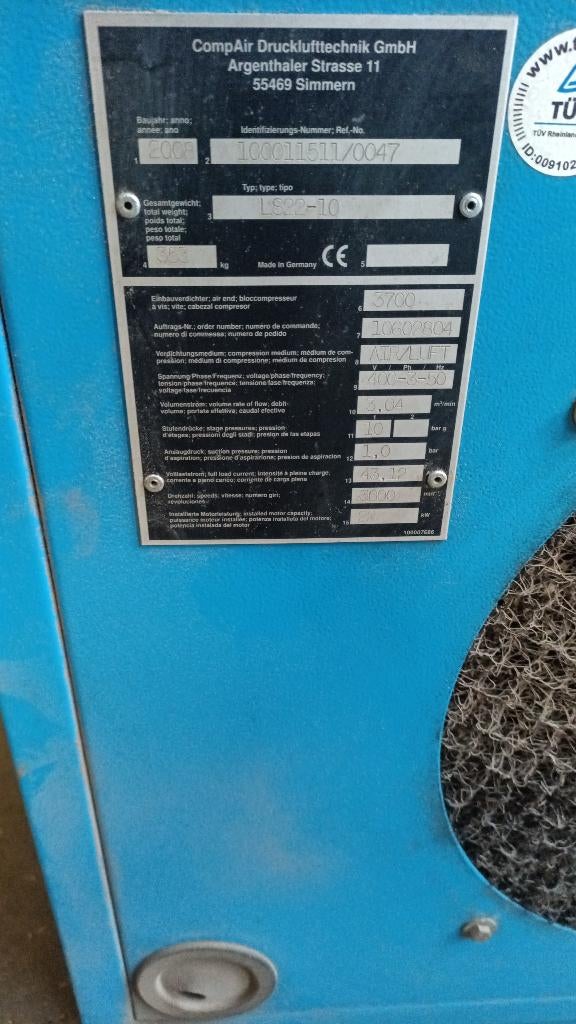 Compressor CompAir LS22-10, Doe-het-zelf en Bouw, Compressors, Ophalen, Gebruikt, 800 liter/min of meer, 10 bar of meer