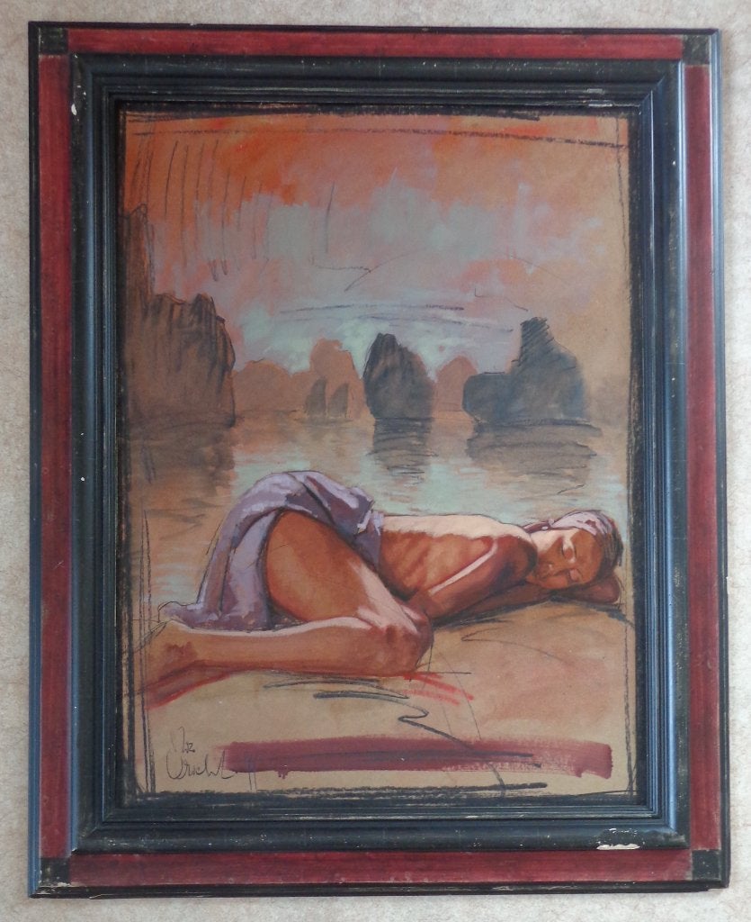 NICO VRIELINK / LIGGENDE VROUW / OLIEVERF / 112x90cm / KADER, Ophalen, Figuren, Gesigneerd, Papier/karton