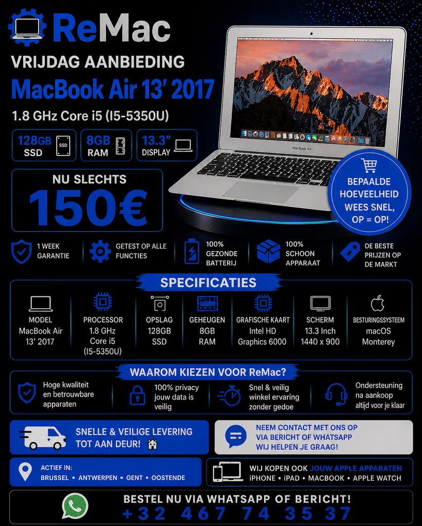 MacBook Air 13’ 2017, Computers en Software, Ophalen of Verzenden, Zo goed als nieuw, MacBook
