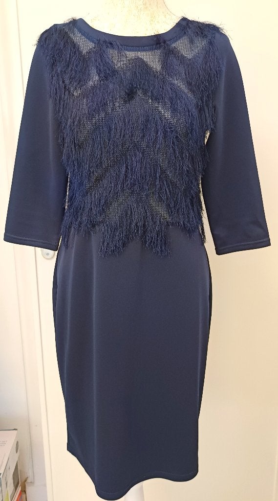 Robe vintage bleu marine à franges APPLELINE. Taille M, Taille 38/40 (M), Enlèvement ou Envoi, Autres couleurs, Au-dessus du genou