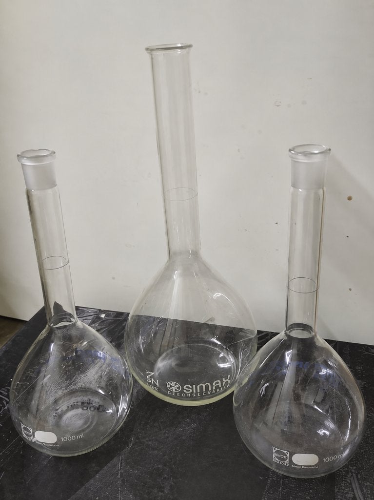 Volumetrische kolven Schott Duran + vintage labofles HCl, Ophalen