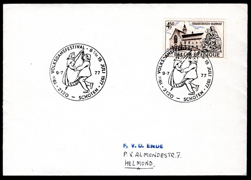 Brief 9-7-1977 - Volksdansfestival Schoten, Postzegels en Munten, Postzegels | Europa | België, Verzenden, Gestempeld, Gestempeld
