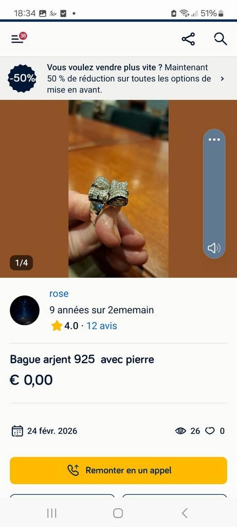 Antiquités  bague  925, Tickets & Billets