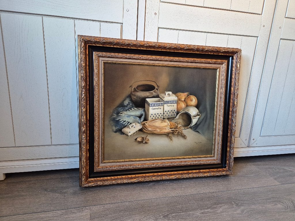 Nature morte - Nadine Varewyck (cadre baroque de luxe), Antiquités & Art, Enlèvement ou Envoi, Peinture à l'huile, Encadré, Nature morte