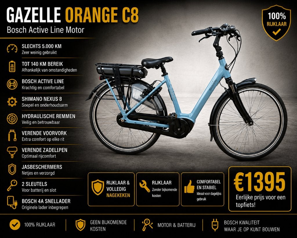 Gazelle Orange C8 – BJ 2023 – 5.000 km BOSCH motor, 51 à 55 cm, 50 km par batterie ou plus, Comme neuf, Enlèvement