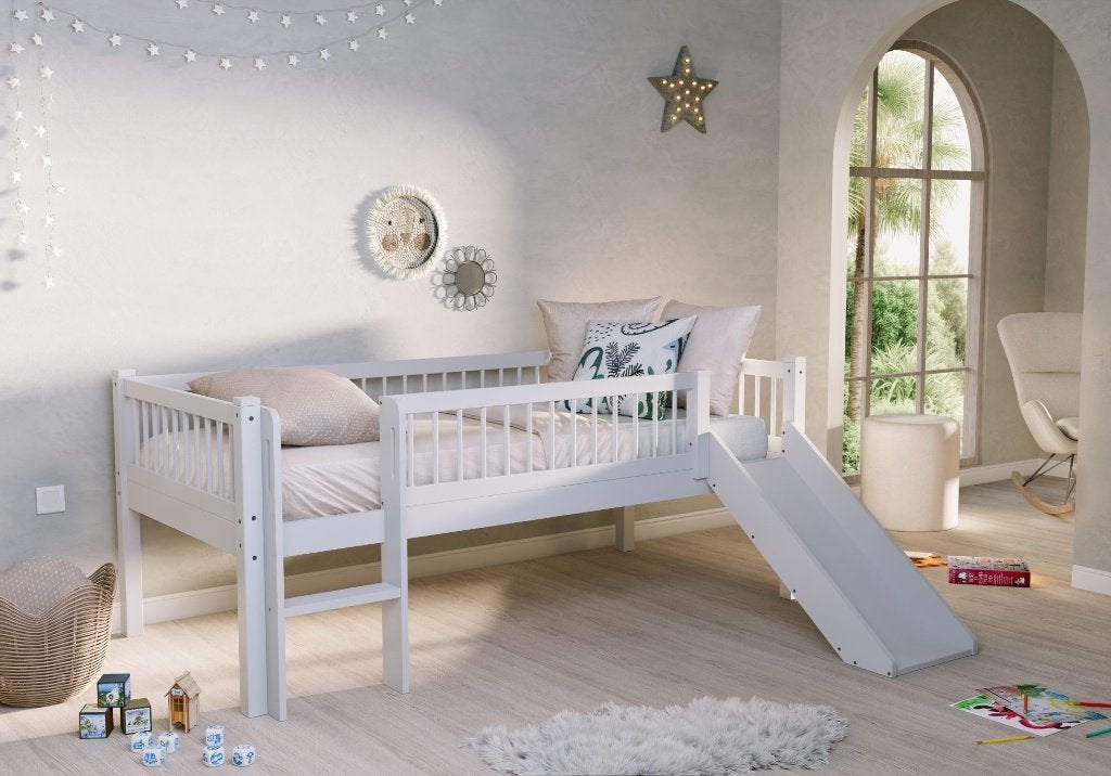 FORREST HALFHOOGSLAPER MET GLIJBAAN 90 x 200 cm BEUK WIT, Ophalen, Nieuw, Halfhoogslaper