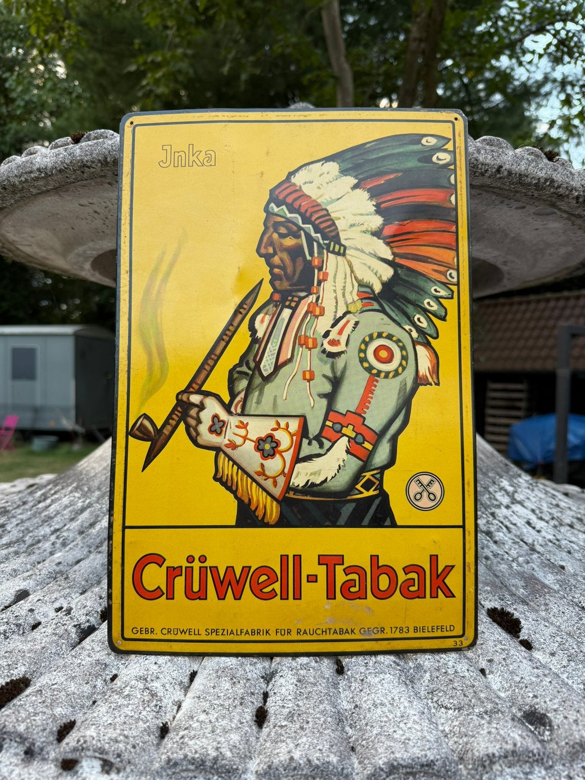 Blikken reclamebord CRÜWELL-TABAK Inka met Indian, Ophalen of Verzenden, Zo goed als nieuw, Reclamebord