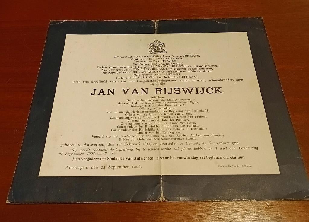 Rouwkaart Jan Van Rijswijck, Ophalen of Verzenden, Rouwkaart