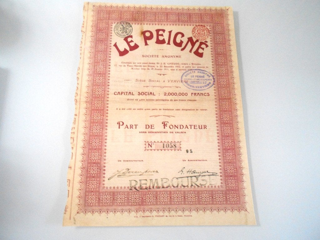part fondateur Le peigné Verviers 1911 (textile ), Timbres & Monnaies, Actions & Titres, Enlèvement ou Envoi, Avant 1920, Autres types