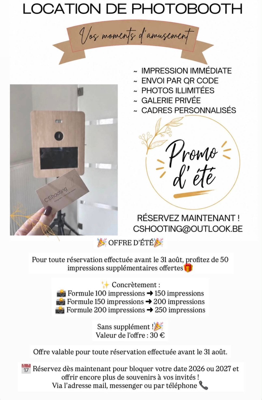 Photobooth promo d été reserver description première photo, Ophalen, Zo goed als nieuw