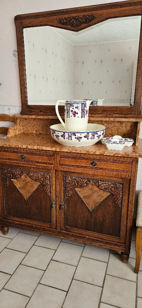 Meuble de toilette ancien Art Déco en chêne et marbre, Enlèvement