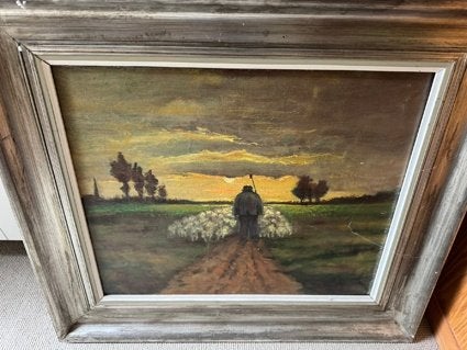 Groot schilderij herder met schapen, Antiek en Kunst, Ophalen, Ingelijst, Landschap, Doek