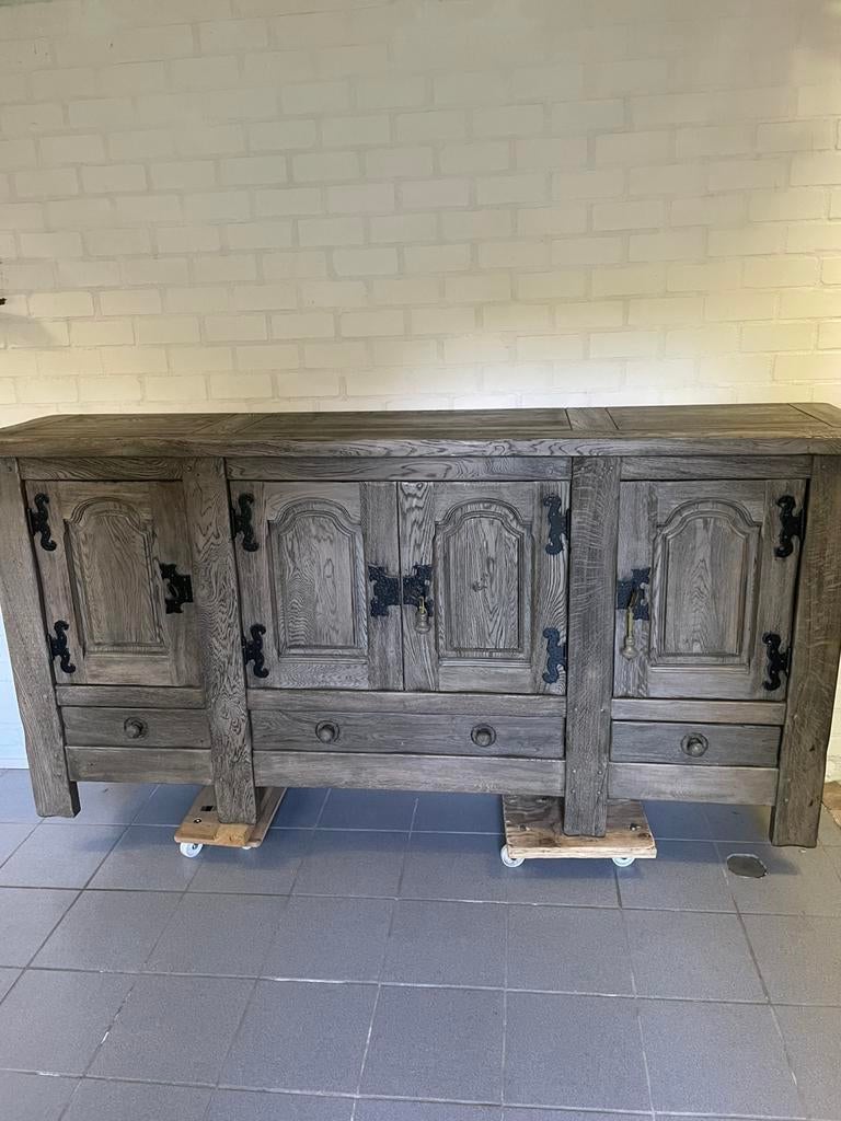 Gezandstraalde massief eiken buffetkast/dressoir, Maison & Meubles, Armoires | Dressoirs, Utilisé, 200 cm ou plus, 50 à 75 cm