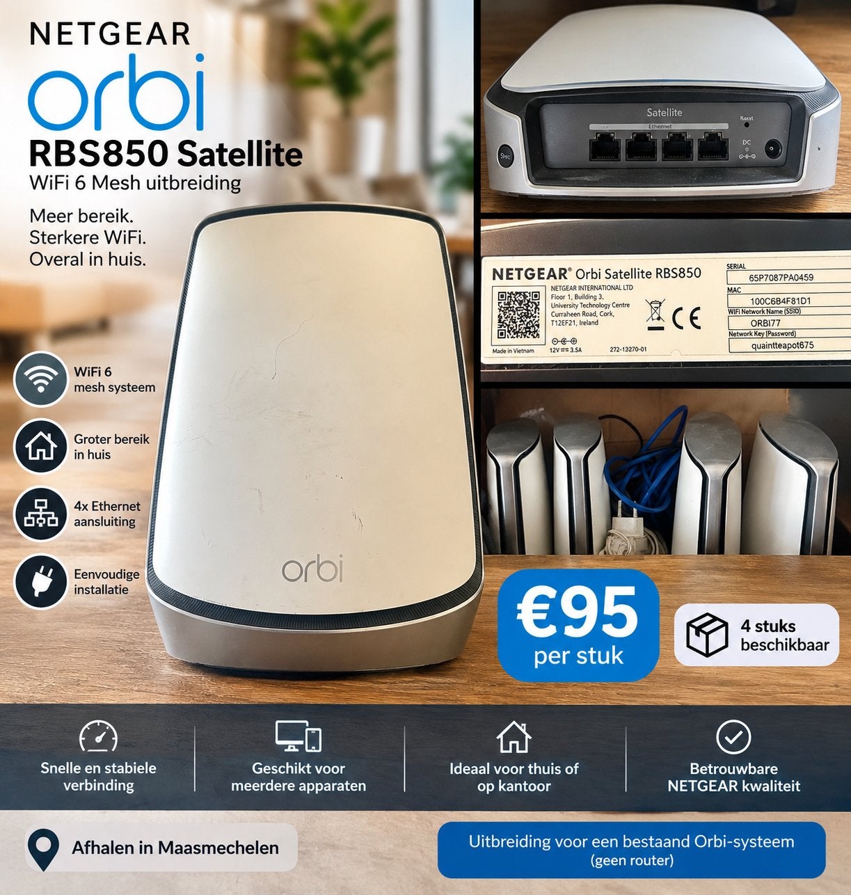 NETGEAR Orbi RBS850 WiFi 6 Satellite – €95/stuk, Ophalen, Zo goed als nieuw
