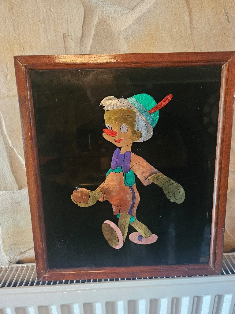 Vintage Pinokkio Achter Glas 40x46cm - Disney - Jaren 60 70, Ophalen of Verzenden, Peter Pan of Pinokkio, Gebruikt, Plaatje of Poster