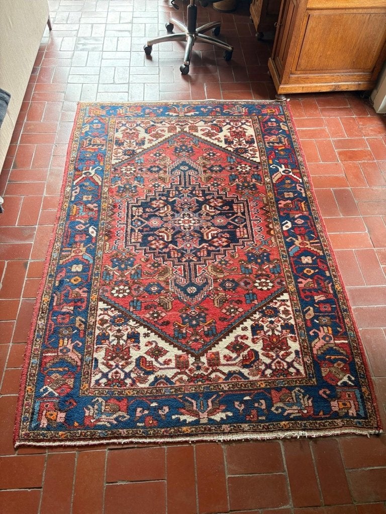 vintage Perzisch/Oosters tapijt, Ophalen, Gebruikt, 100 tot 150 cm, Blauw