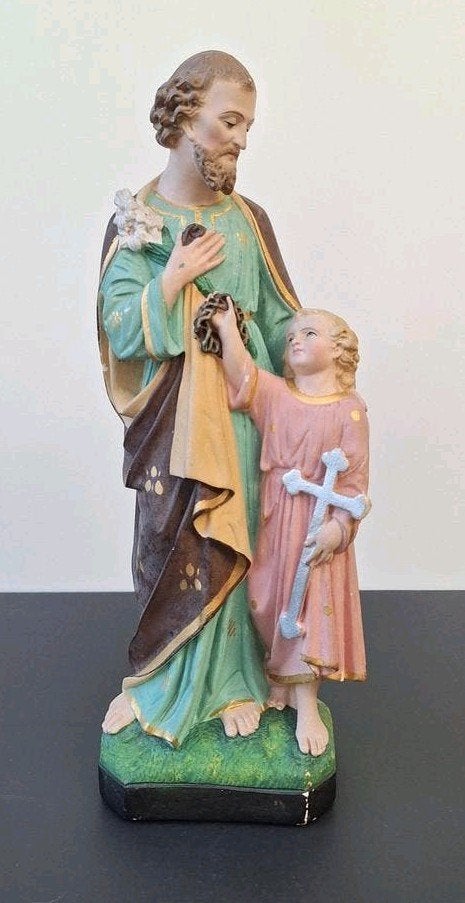 Prachtig polychroom beeld in gips Sint Jozef & kind Jezus, Antiek en Kunst, Antiek | Religieuze voorwerpen, Ophalen of Verzenden