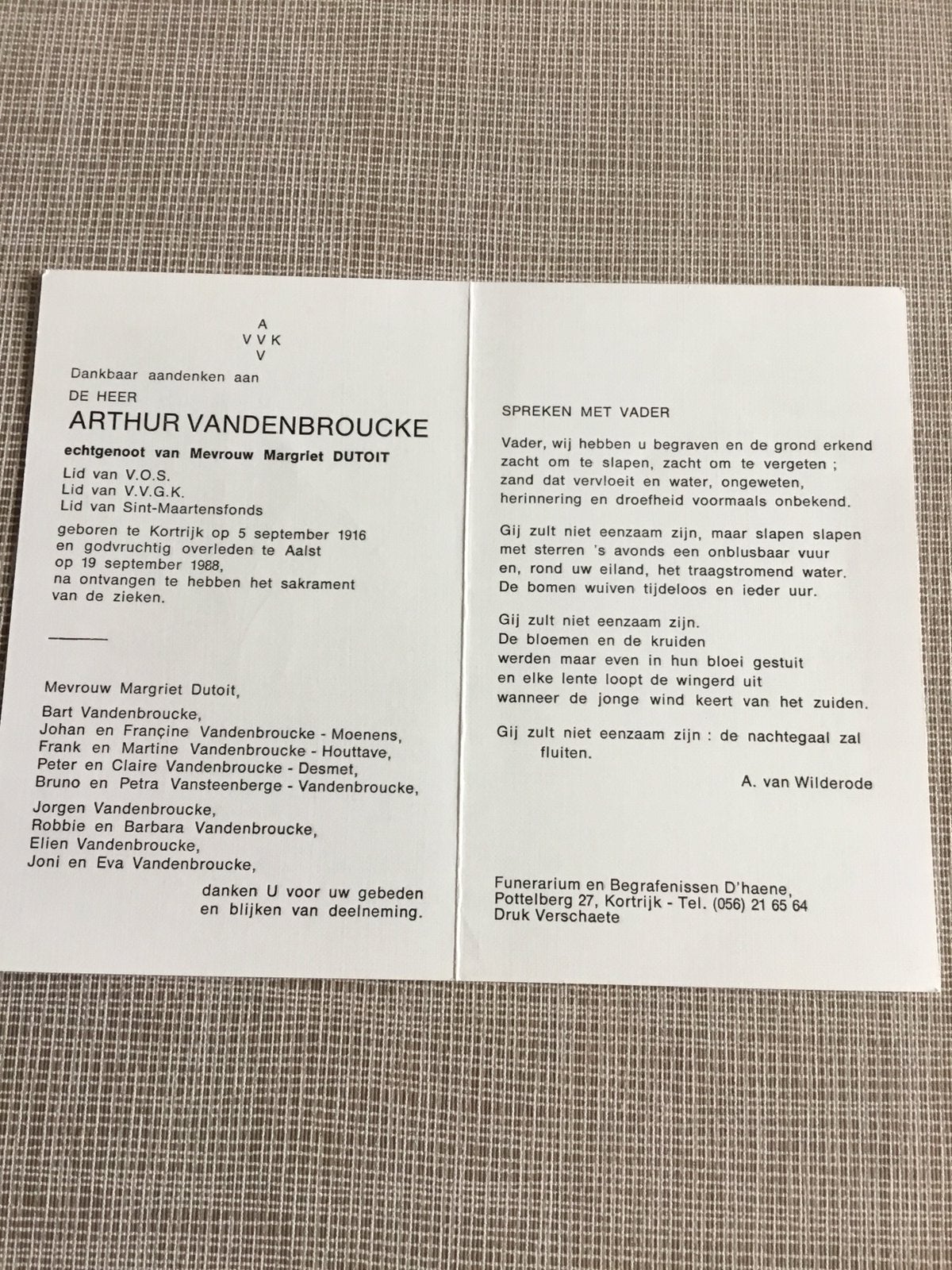 A. Vandenbroucke +Alost membre du St.Maartensfonds Oostfront, Collections, Envoi, Image pieuse