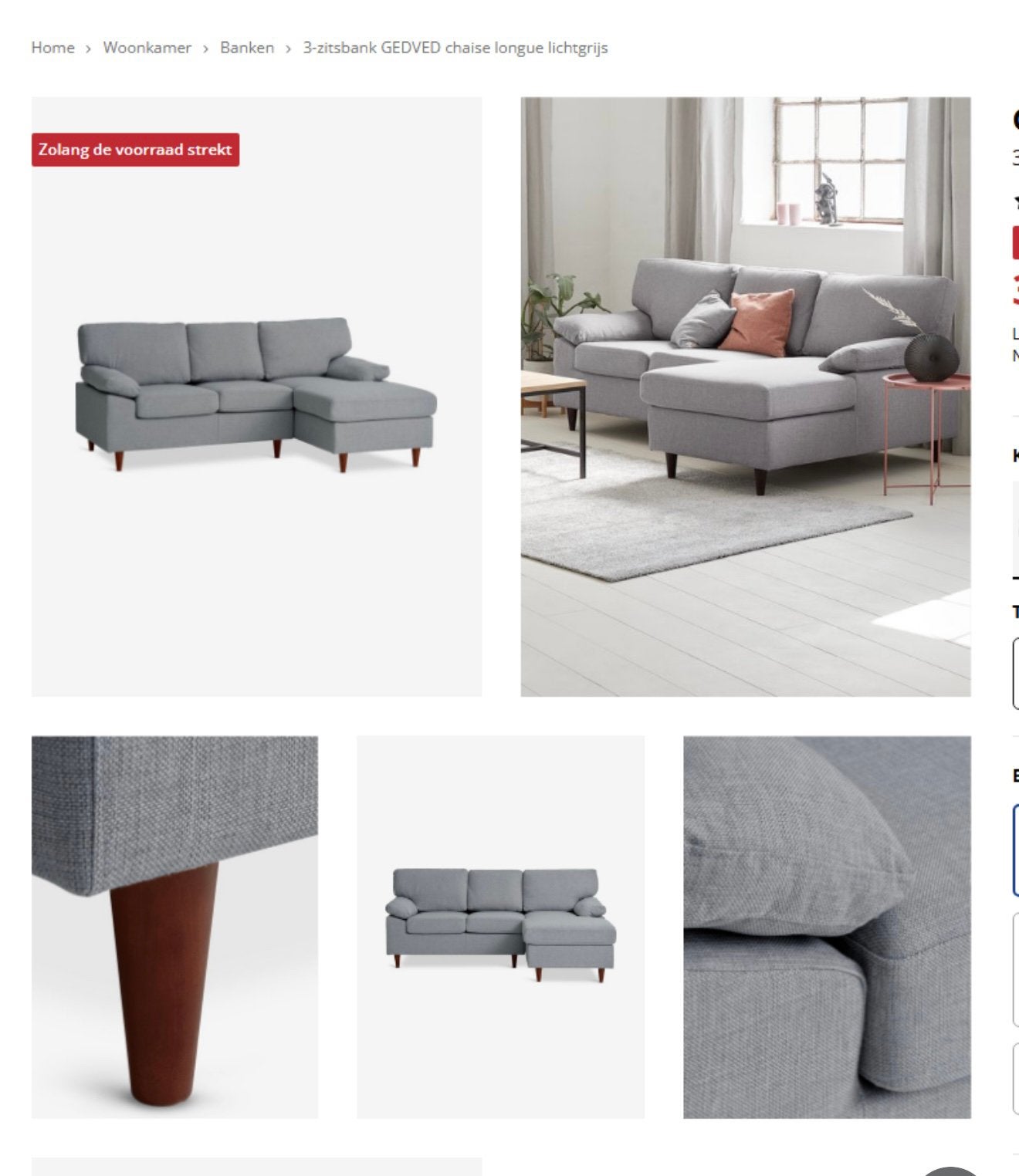 Mooie lichtgrijze GEDVED hoekzetel met chaise longue, Huis en Inrichting, Ophalen, Zo goed als nieuw