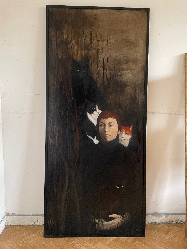 Groot surrealistisch schilderij dame met katten, Antiek en Kunst, Kunst | Schilderijen | Klassiek, Ophalen, Surrealisme, Dieren
