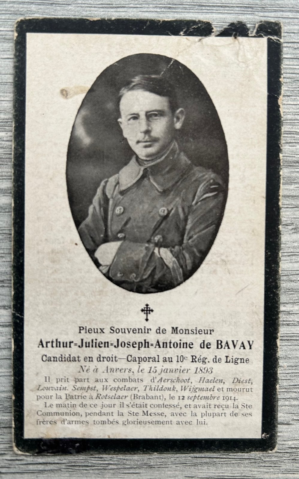 1914 : SOLDAAT Arthur de Bavay , geboren te Antwerpen, Ophalen of Verzenden