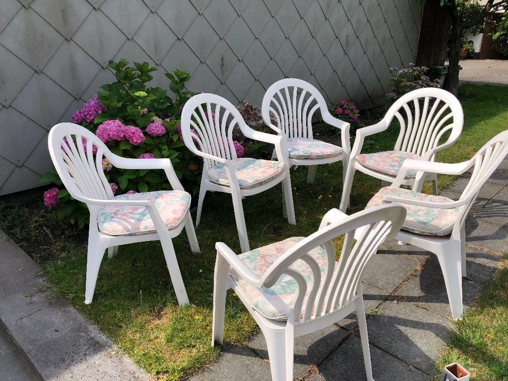 6 chaises de jardin avec coussins, Enlèvement, Comme neuf, Plastique, Empilable