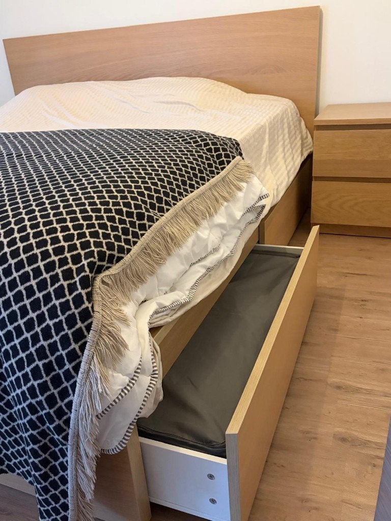 Tweepersoonsbed met lades en nachtkastjes, Huis en Inrichting, Slaapkamer | Bedden, Ophalen, Beige, Tweepersoons, Zo goed als nieuw
