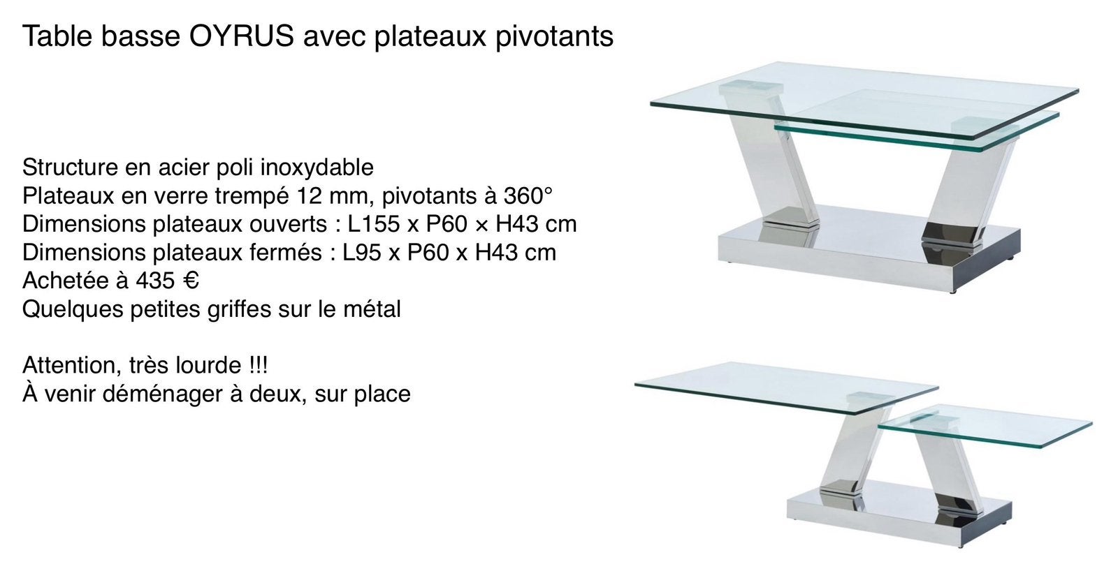 Table basse avec plateaux pivotants, Huis en Inrichting, Ophalen, Gebruikt, 100 tot 150 cm, 50 tot 100 cm