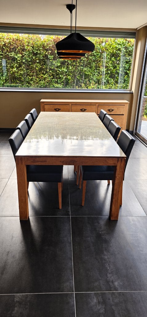 Grote teakhouten tafel 240x110 + 8 stoelen + tafelzeil, Ophalen, Gebruikt, 100 tot 150 cm, Teakhout
