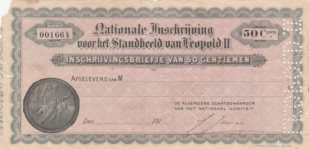 ENREGISTREMENT NATIONAL POUR LA STATUE DE LÉOPOLD II 50 CTS, Collections, Enlèvement ou Envoi, Utilisé