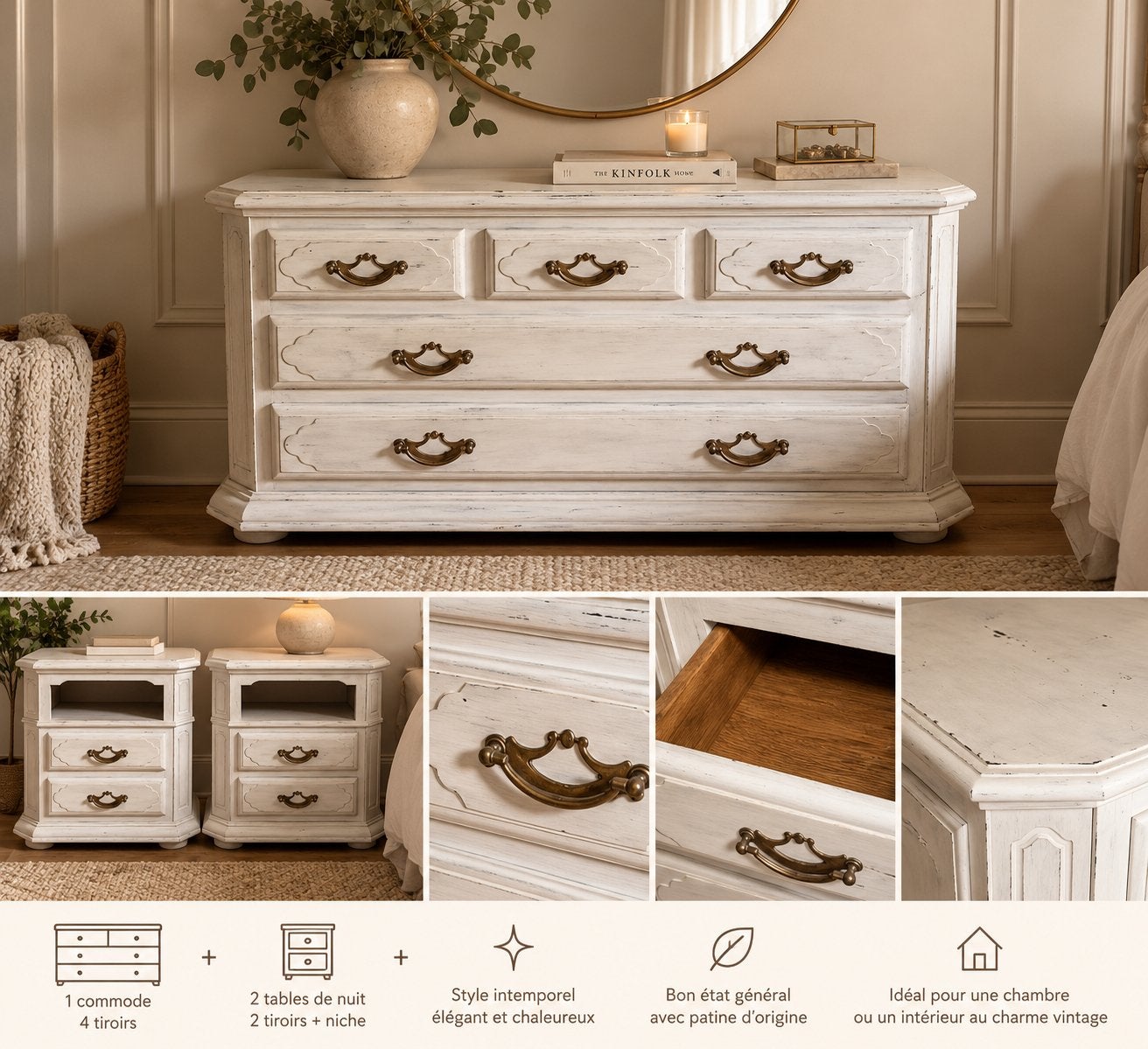Ensemble chambre romantique – Commode & 2 tables de chevet, Enlèvement, Comme neuf