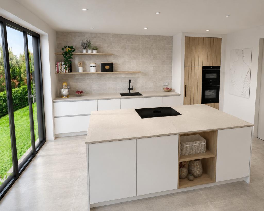 toonzaalkeuken, Maison & Meubles, Cuisine | Cuisines complètes, Comme neuf, Cuisine à mur double, Blanc, Composite, Sans poignée