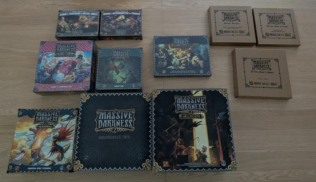 Massive Darkness 2 + uitbreidingen + 3D terrain, Hobby en Vrije tijd, Gezelschapsspellen | Bordspellen, Zo goed als nieuw, Een of twee spelers