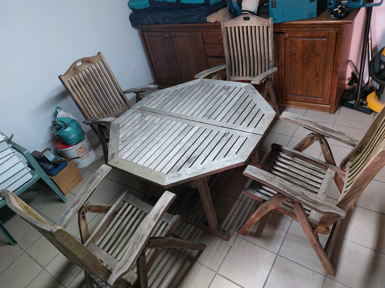 Teak tuinset, tafel met 4 verstelbare stoelen, Tuin en Terras, Ophalen, 4 zitplaatsen, Tuinset, Hout