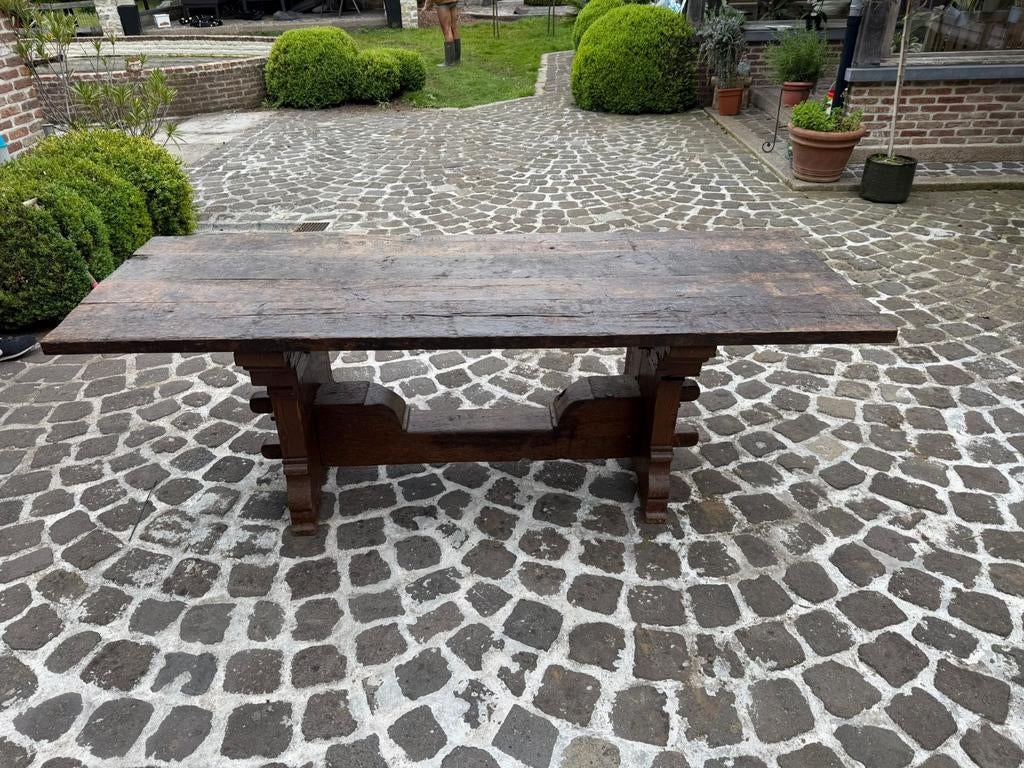 Authentieke Massieve Eiken Kloostertafel – 218 cm, Tuin en Terras, Ophalen, Hout