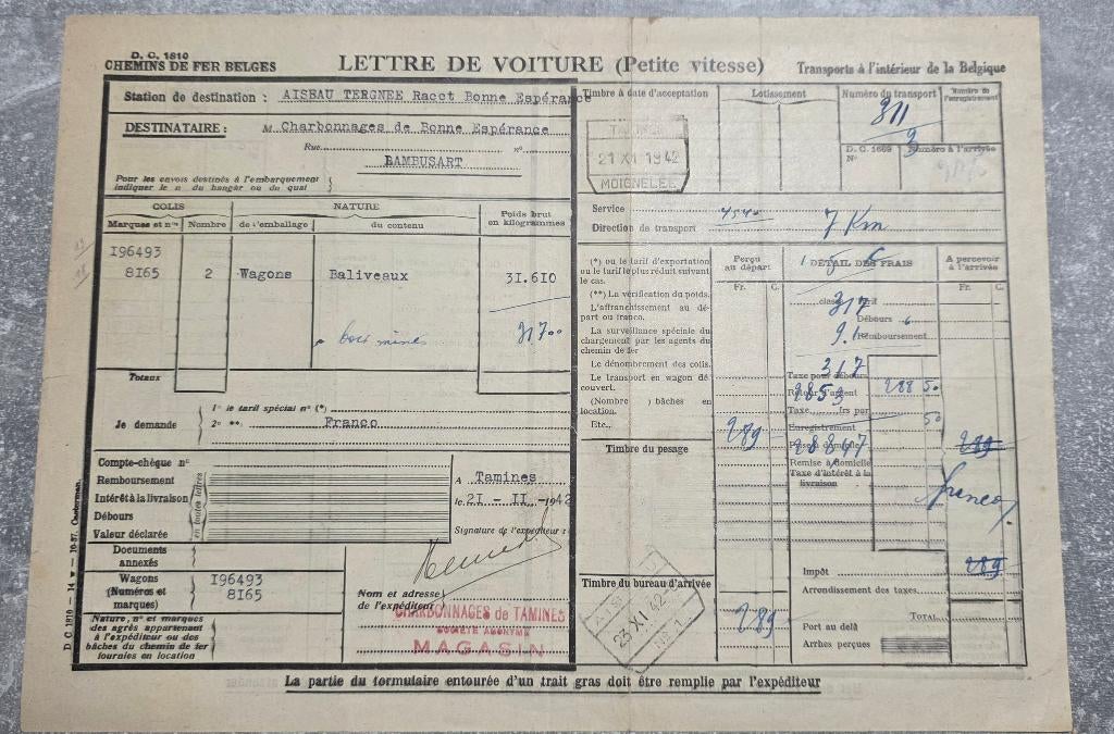 1942+Lettre de voiture+Moignelée+Aiseau+Tamines, Enlèvement, Lettre
