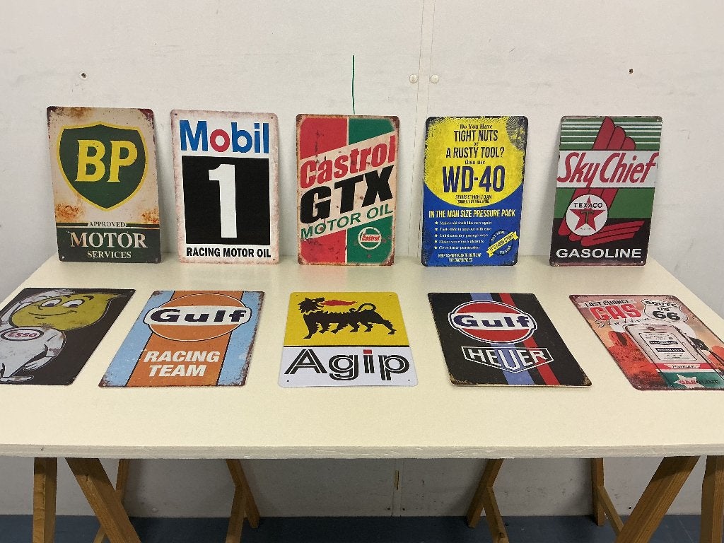 Reclame borden olie-benzine-moto (72 stuks), Ophalen, Zo goed als nieuw, Reclamebord