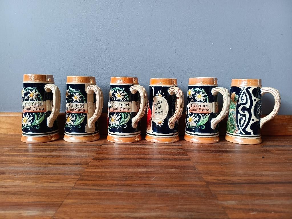 Set van 6 oude bierpullen " Hopfen und Malz", Antiek en Kunst, Ophalen of Verzenden