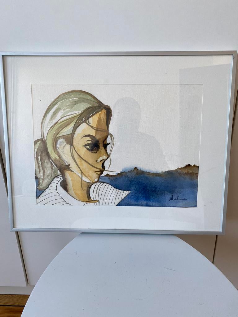 Aquarel het meisje in de wind ondertekend, Antiek en Kunst, Kunst | Litho's en Zeefdrukken