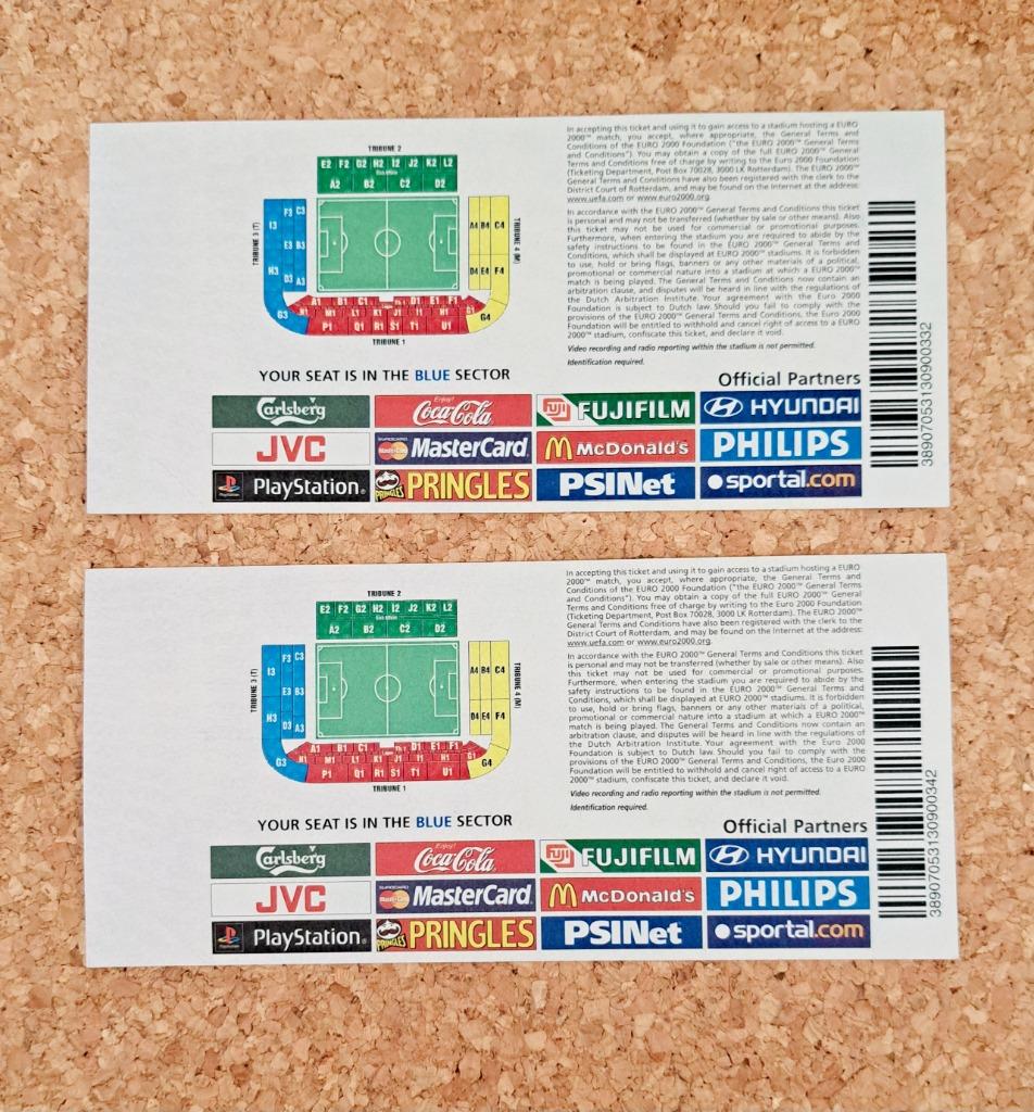 2 BILLETS : EURO 2000 Germany vs. Romania- MATCH 5, Enlèvement ou Envoi, Neuf