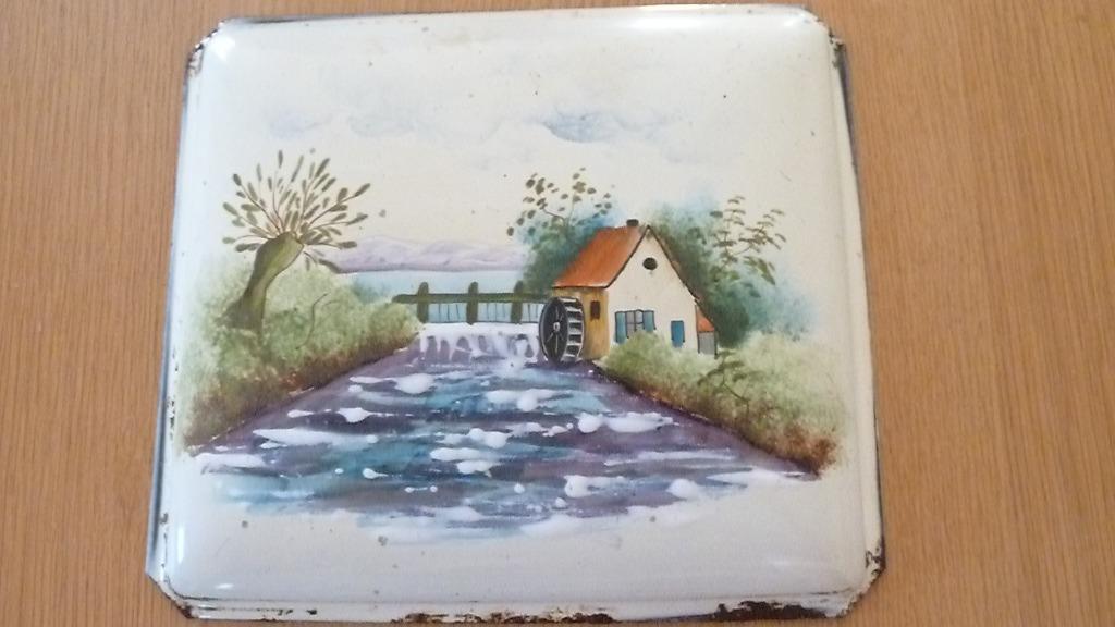 Emaille Gietijzeren Plaat * Watermolen * 24 x 21 cm, Ophalen of Verzenden, Gebruikt