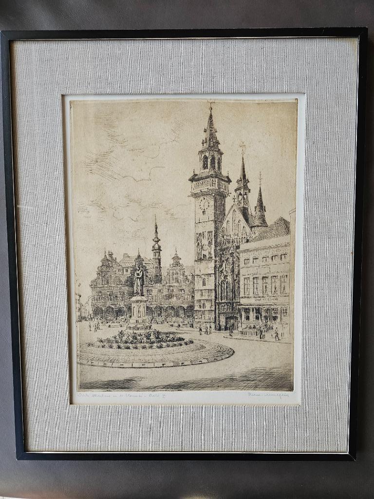 Romain Malfliet - Ets - Aalst - Dirk Martens in de bloemen, Antiek en Kunst, Kunst | Etsen en Gravures, Ophalen