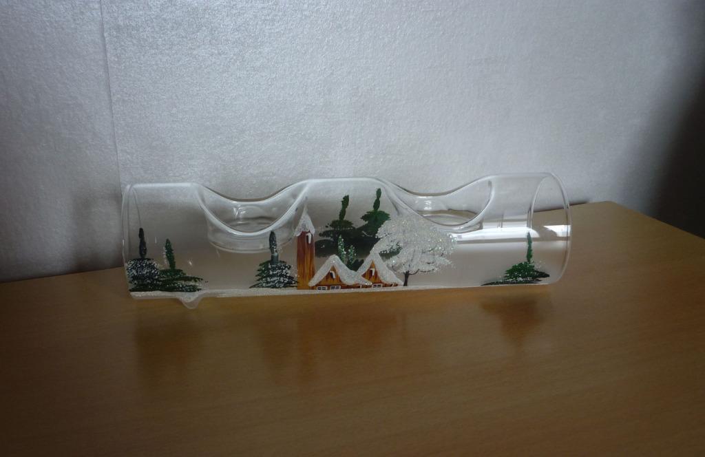 Glazen Kerst theelichtjeshouder kandelaar met kerk en sneeuw, Ophalen of Verzenden, Kandelaar