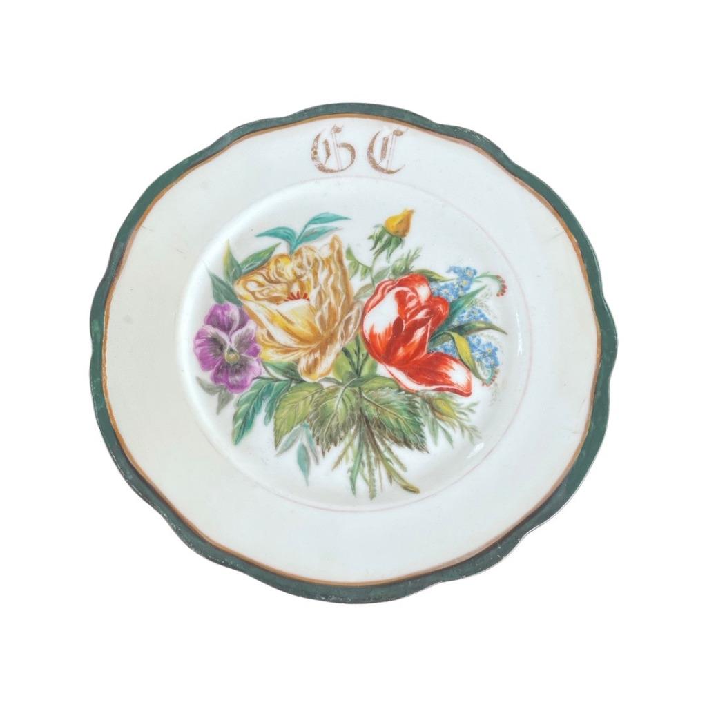 19e-eeuwse handgeschilderde taartschaal met monogram en een, Antiek en Kunst, Ophalen of Verzenden
