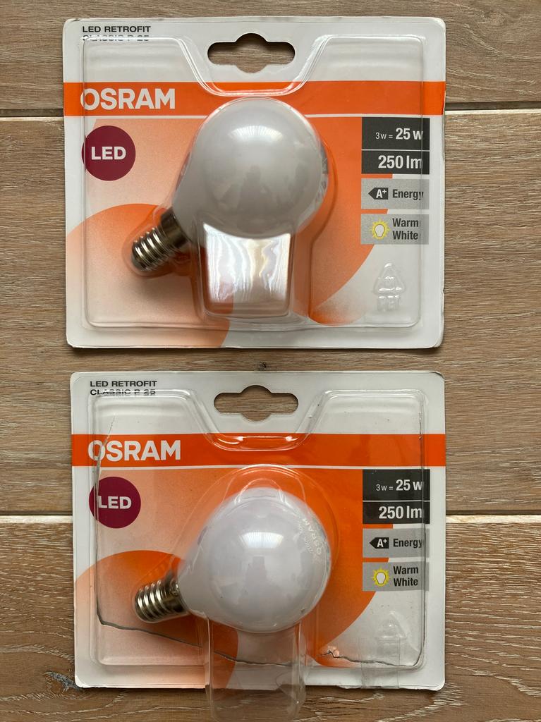 2 nieuwe Osram LED lampen 2W=25W 2700K E14 mat, Enlèvement ou Envoi, Neuf, E14 (petit), Ampoule LED