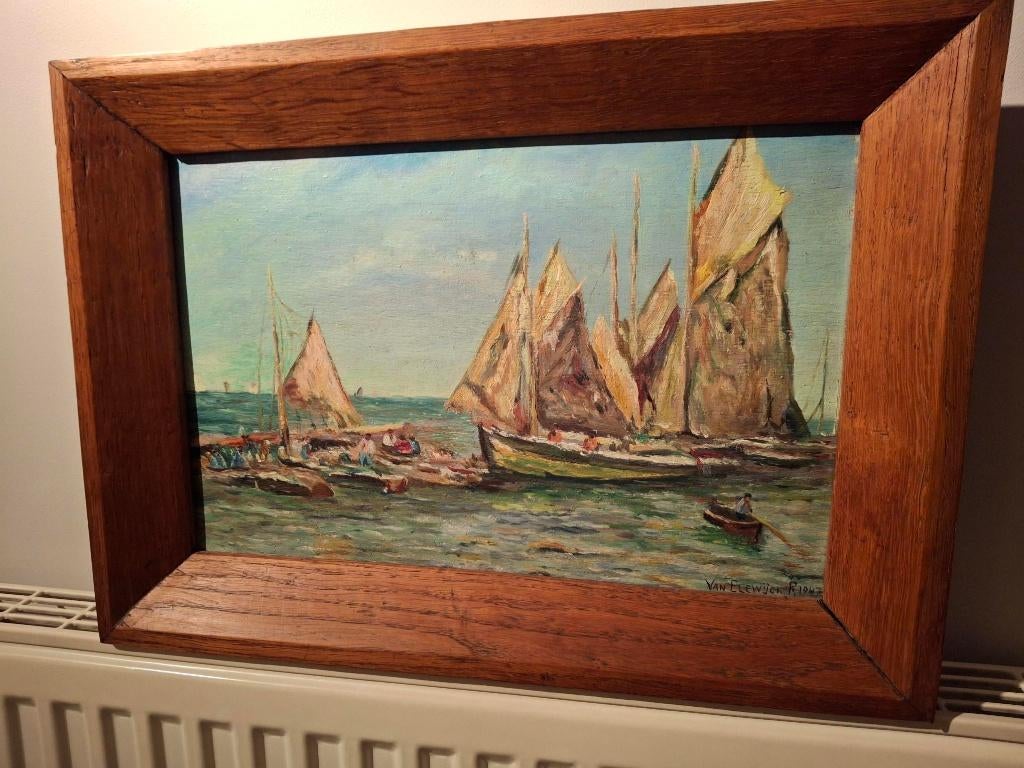 Schilderij boten zeezicht 1947, Antiek en Kunst, Ophalen