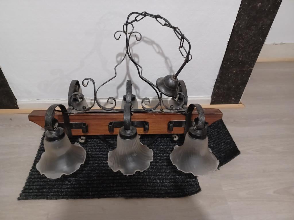 Lustre Antique Bois 6 Lampes, Enlèvement ou Envoi, Comme neuf, Bois